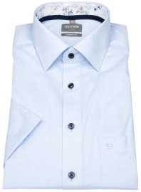 OLYMP Kurzarmhemd - Comfort Fit - Faux Uni Struktur - Kontrastknöpfe - hellblau