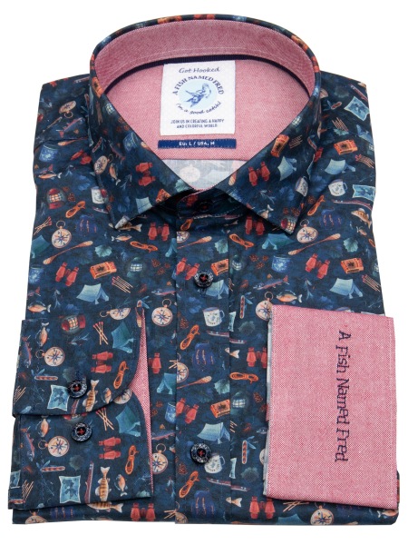A Fish Named Fred Hemd - Modern Fit - Print - Camping - dunkelblau - ohne OVP - 29.005 604 