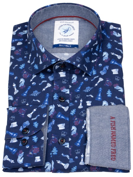 A Fish Named Fred Hemd - Modern Fit - Print - Schach - dunkelblau - 32.002 604 
