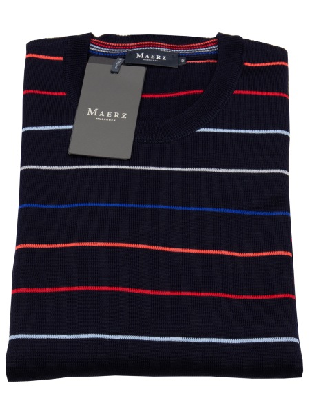 MAERZ Muenchen Pullover - Classic Fit - Rundhals - Merinowolle - feine Streifen - dunkelblau - 496301 399 