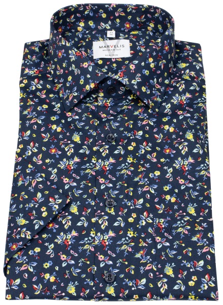 Marvelis Kurzarmhemd - Modern Fit - florales Muster - dunkelblau - 7239 72 18 