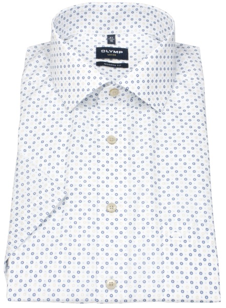 OLYMP Kurzarmhemd - Modern Fit - Global Kent - Print - weiß / blau / beige - 1212 72 22 