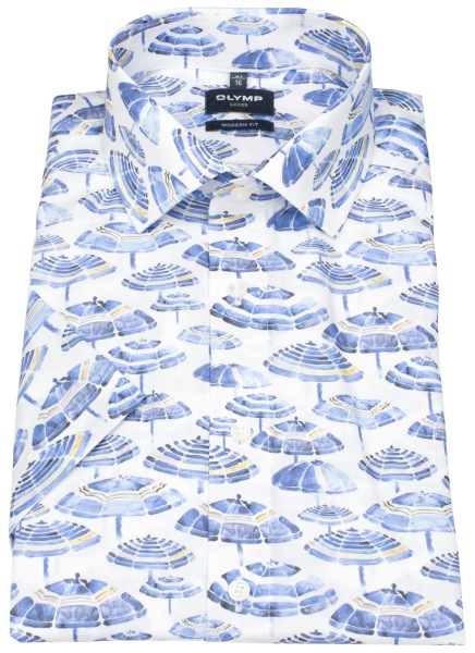 OLYMP Kurzarmhemd - Modern Fit - Global Kent - Sonnenschirme - blau / weiß - 1279 72 15 