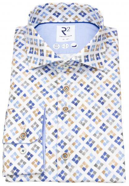 R2-Amsterdam Hemd - Modern Fit - Haifischkragen - Print - blau / braun / weiß - 120.WSP 029 