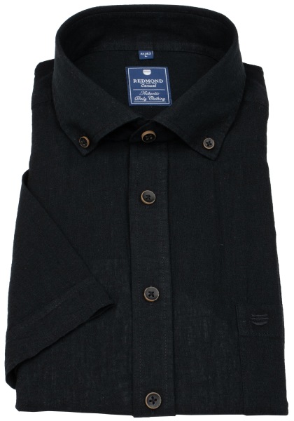 Redmond Kurzarmhemd - Regular Fit - Button Down Kragen - Leinen - schwarz - 251135999 90 