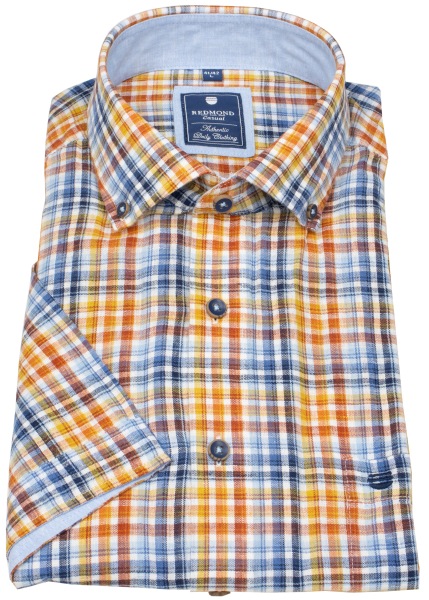 Redmond Kurzarmhemd - Regular Fit - Button Down - Leinen - kariert - blau / orange - 251150999 210 